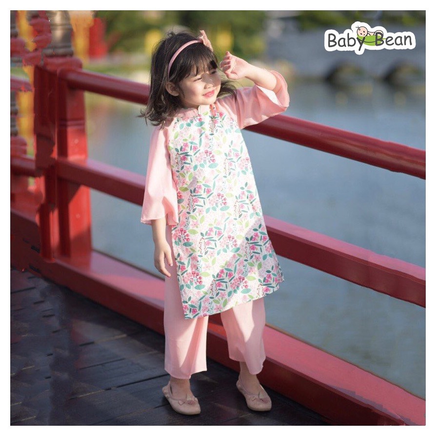 Bộ Áo Dài Truyền Thống vải Chiffon Hoa Bé Gái BabyBean