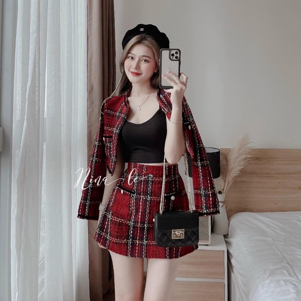 Set 3 món dạ caro đỏ khoác crop cổ tròn áo 2 dây đen chân váy ngắn mẫu chị nina lê