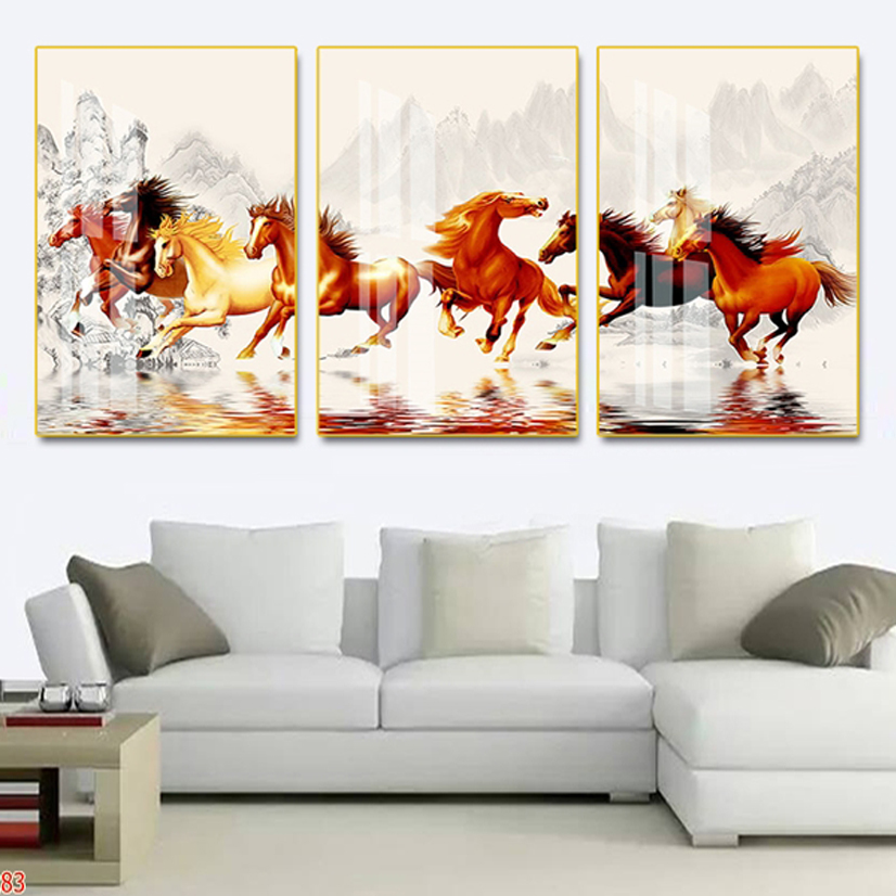 Bộ 3 Tranh Canvas Động Vật Phong Thủy - Tranh Tám Con Ngựa Chạy Tuyệt Đẹp