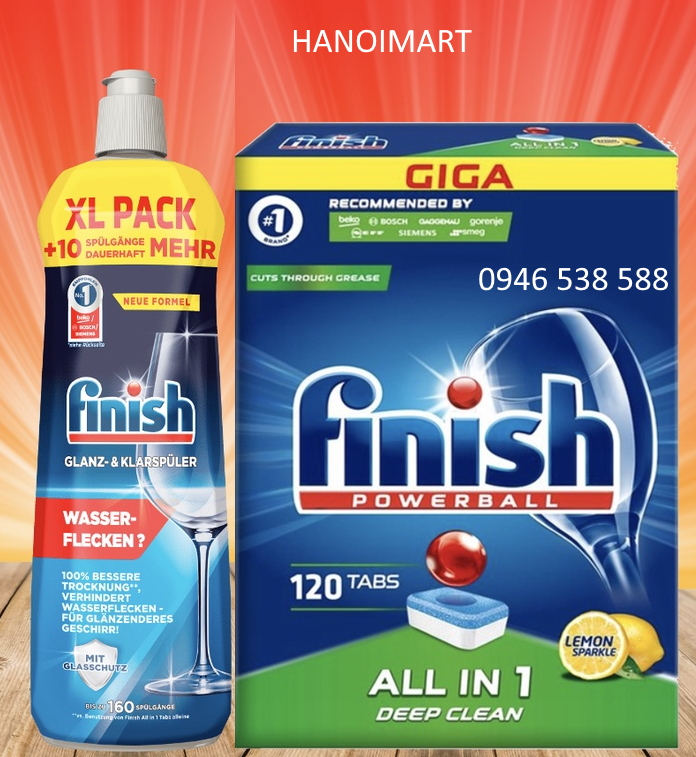 Viên rửa bát Finish 120 viên + Nước làm bóng Finish 800ml dùng cho Máy rửa bát