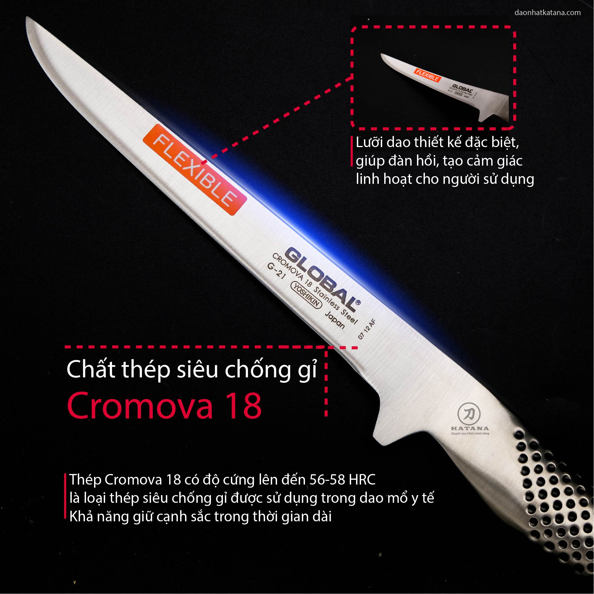 Dao bếp Nhật cao cấp Global G21 Boning Knife - Dao lọc xương (160mm)- Dao bếp Nhật chính hãng