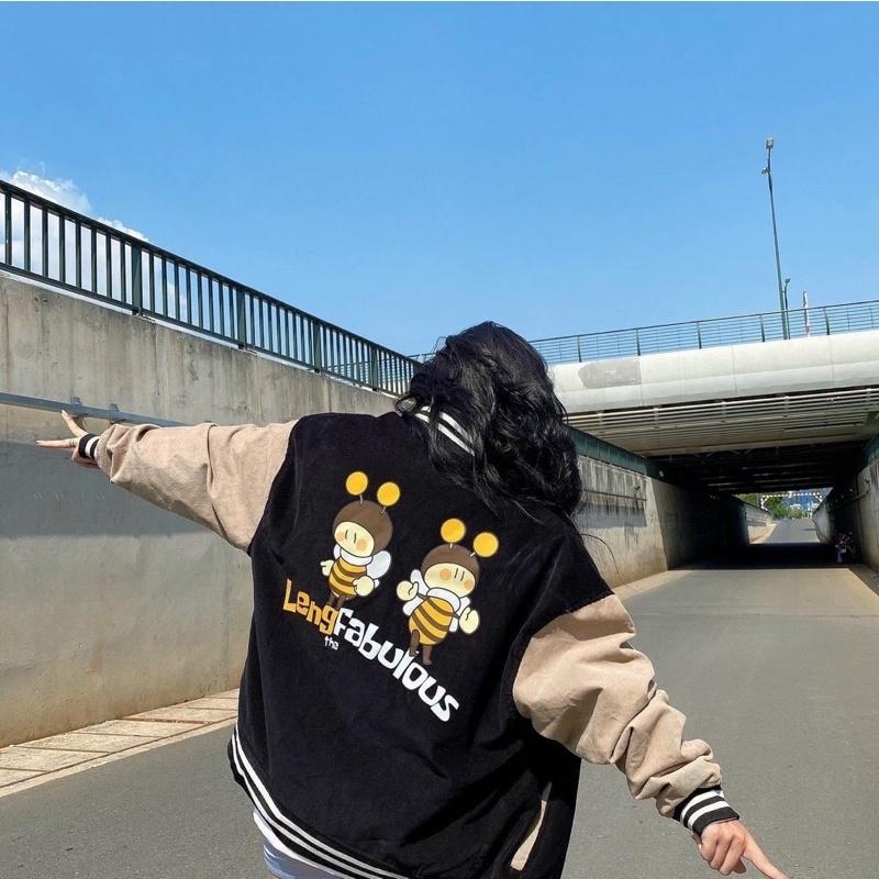 Áo Bomber Nhung Bóng Chày nhung Gân Bee Unisex, Áo khoác bomber nhung bóng chày unisex form rộng HIOK nam nữ ulzzang, Áo khoác bomber kaki nhung tâm quảng châu form rộng unisex khoác bóng chày nam nữ thêu