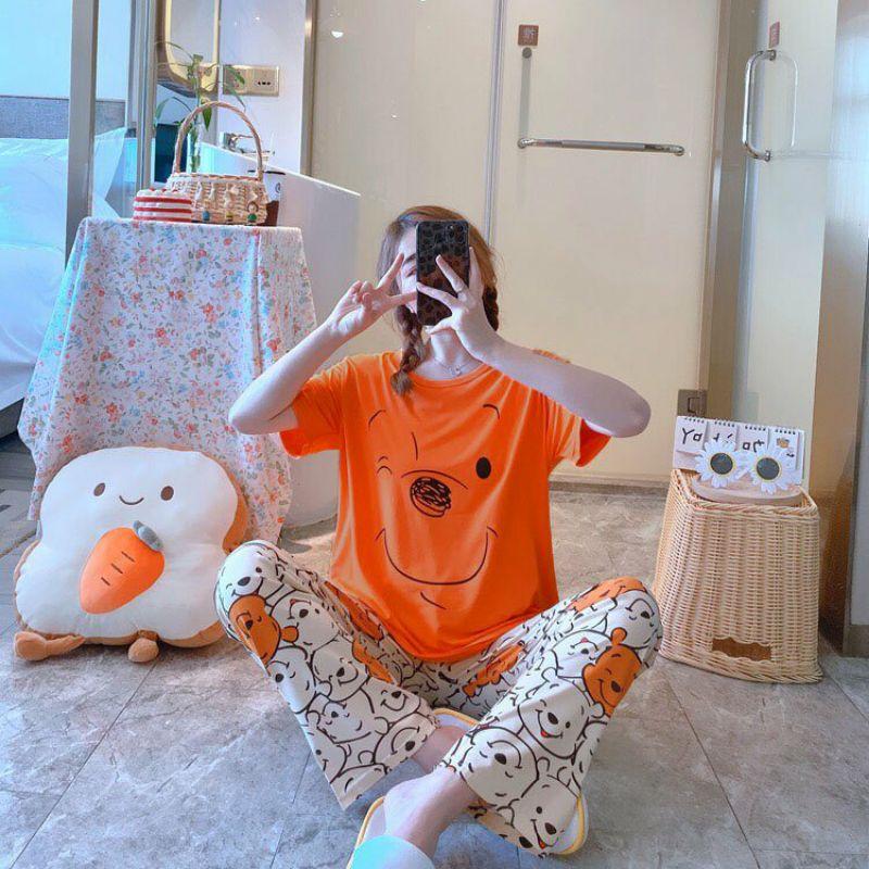 Đồ bộ nữ quần dài tay cộc in hình dễ thương,chất mỏng mát phù hợp mọi thời tiết