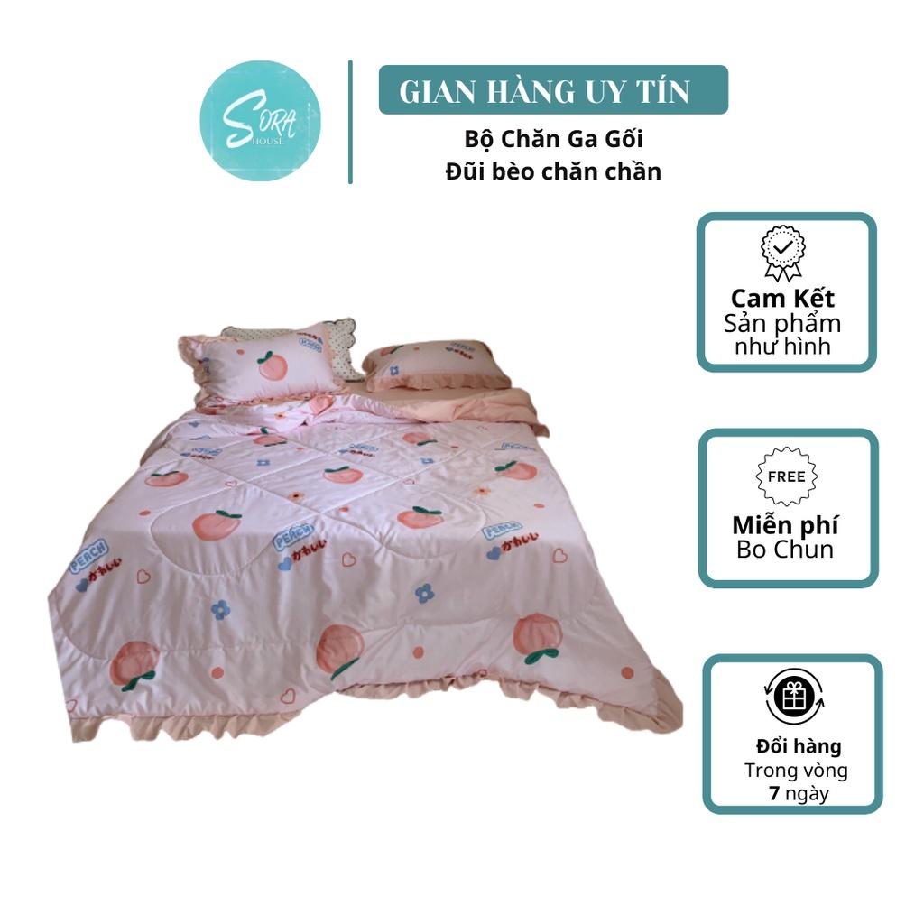Bộ Chăn Ga Gối Cotton Đũi Bèo Chăn Chần Đào hồng
