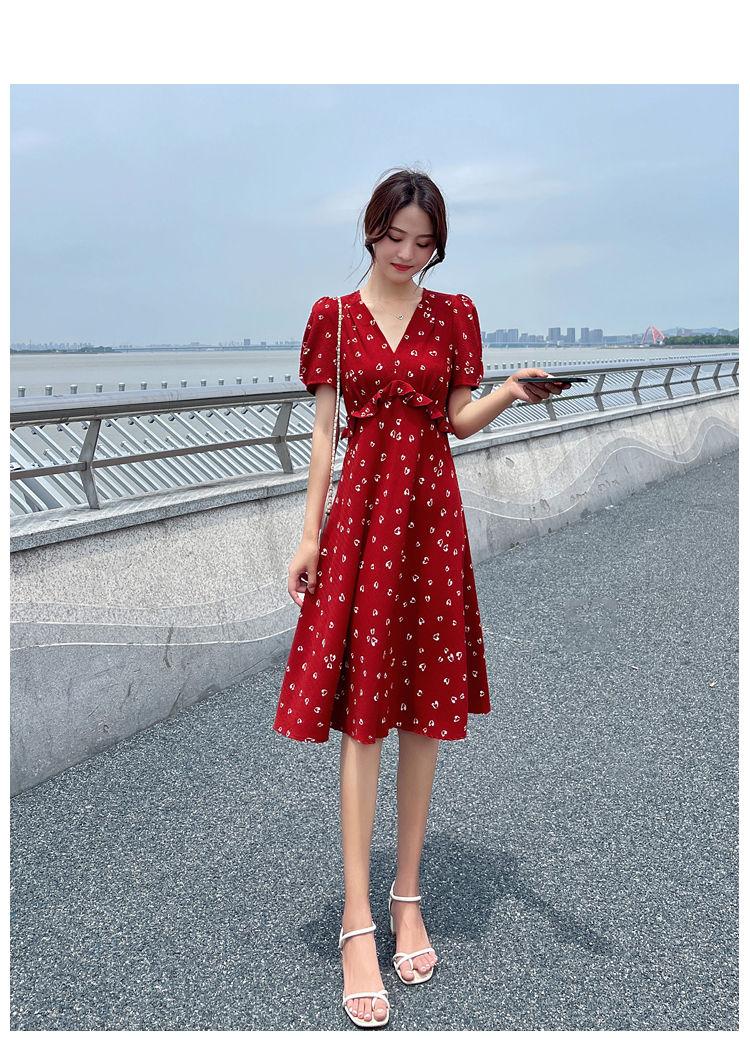 TOBE1SHOP Váy chiffon hoa nhỏ cho phụ nữ 2023 mùa hè Pháp màu đỏ khí chất cao eo mỏng váy
