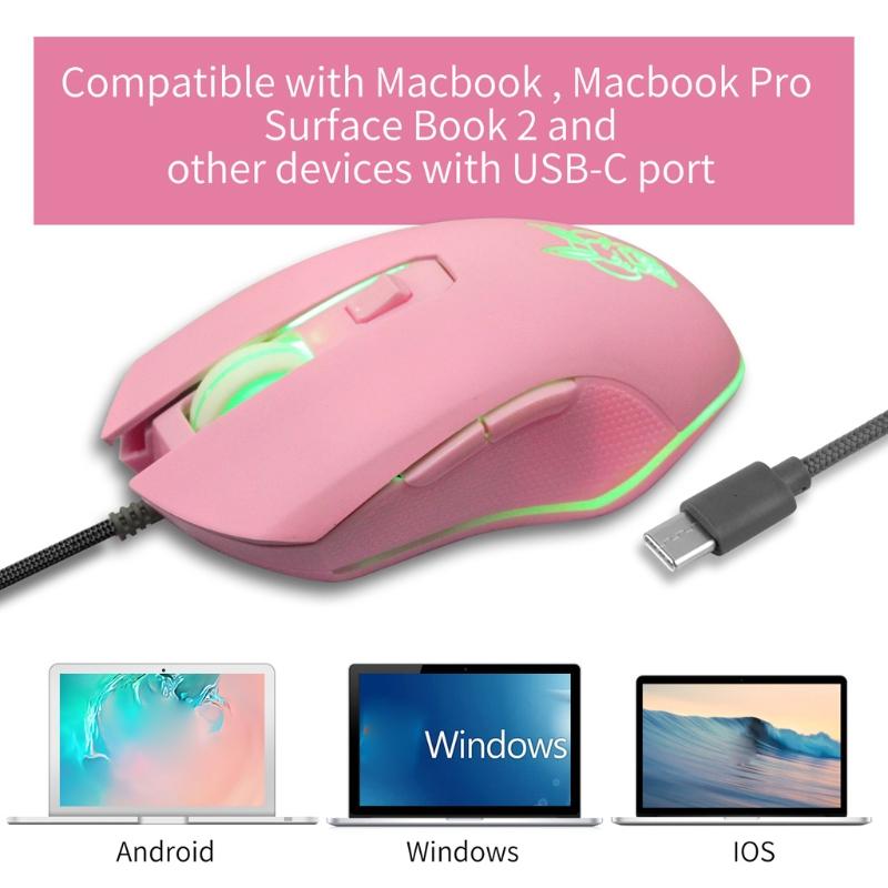 Thỏ Hồng USB C Chuột Có Đèn LED Nền 2400DPI Loại C Có Dây Cho MacBook Chromebook Laptop Matebook X máy Tính Bảng Điện Thoại Di Động