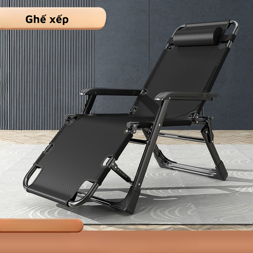 Ghế Giường Xếp Thư Giãn Gối Đầu, Ngả Lưng 180 Độ, Ghế Gấp Gọn Kèm Đệm Black