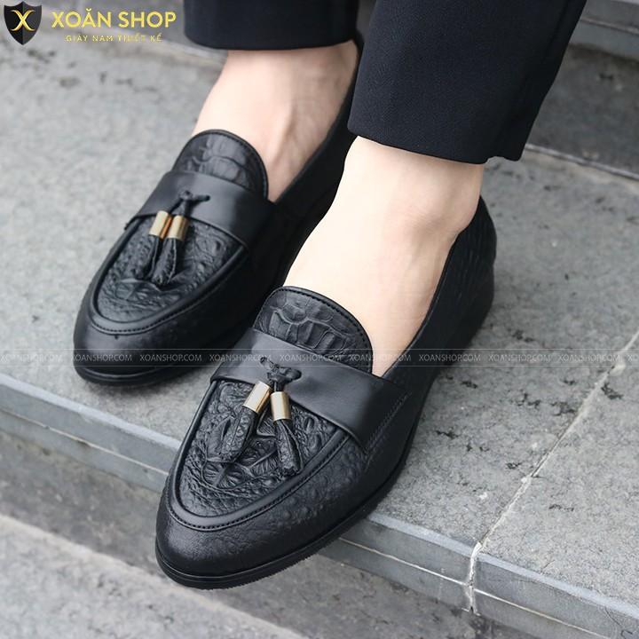 GIÀY LƯỜI NAM DA Pu 100% DẬP VÂN CÁ SẤU, GẮN CHUÔNG, ĐẾ cao suNHẬP - MÃ X091-2 MÀU ĐEN HÀNG VIỆT NAM