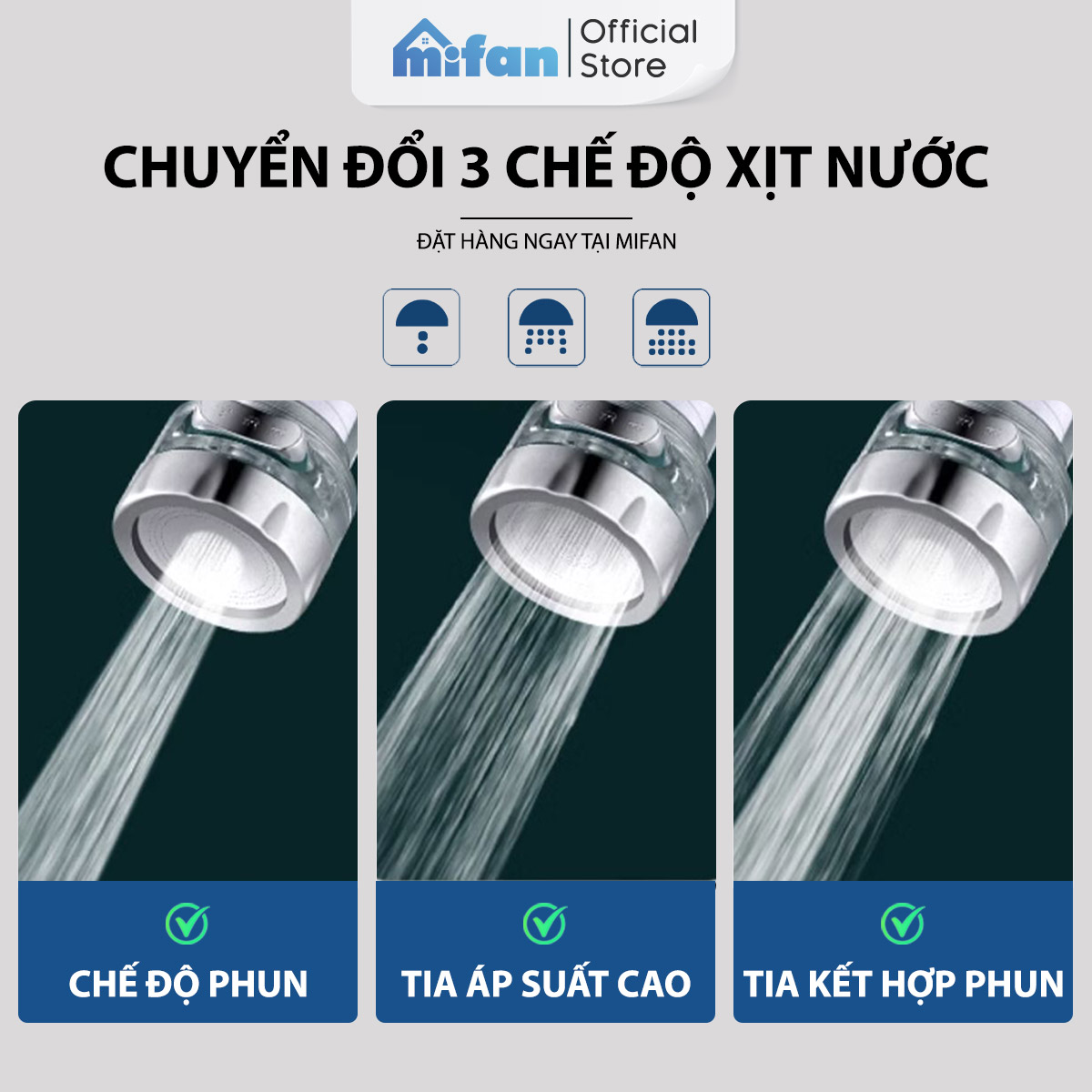 Đầu vòi rửa bát tăng áp lọc nước 3 chế độ phun Mifan - Lõi PP loại bỏ cặn bẩn, clo, màu và mùi, cổ xoay 360 bồn rửa chén