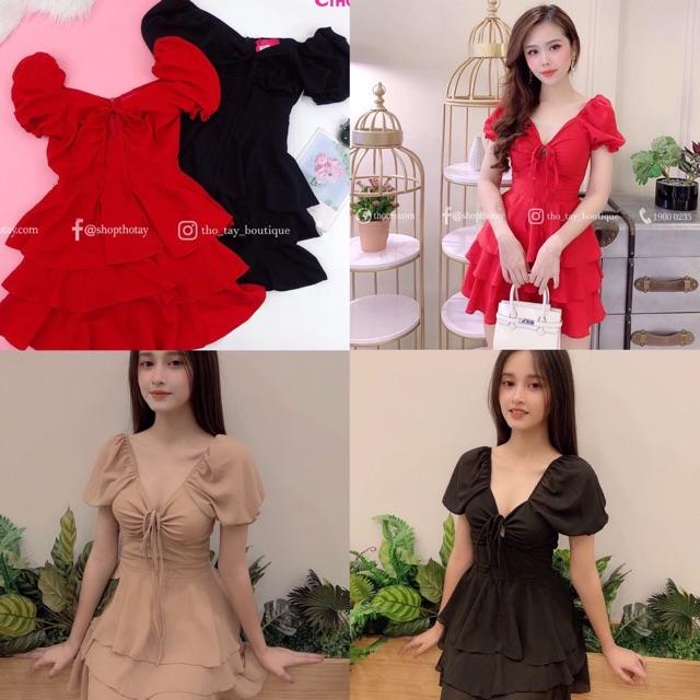 Đầm dây rút tay phồng xoè tầng