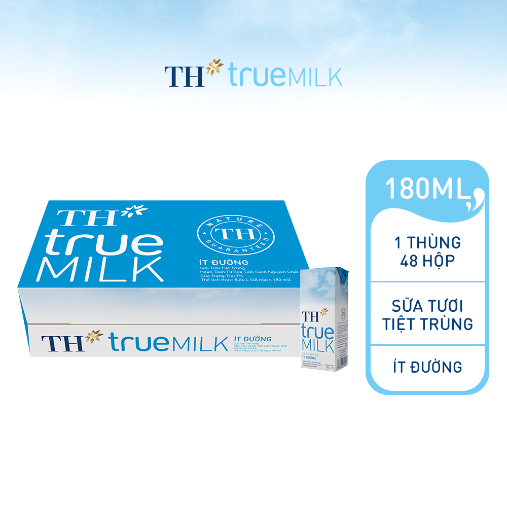 Thùng 48 hộp sữa tươi tiệt trùng ít đường TH True Milk 180ml