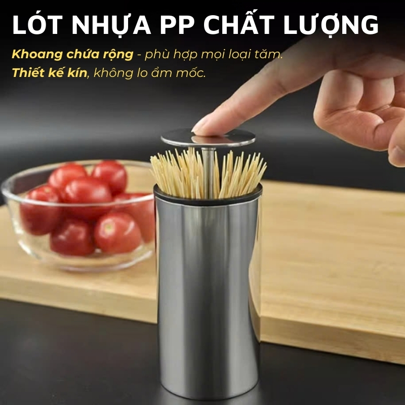 Lọ đựng tăm inox 304 DandiHome nắp bấm đóng mở hoàn toàn kín