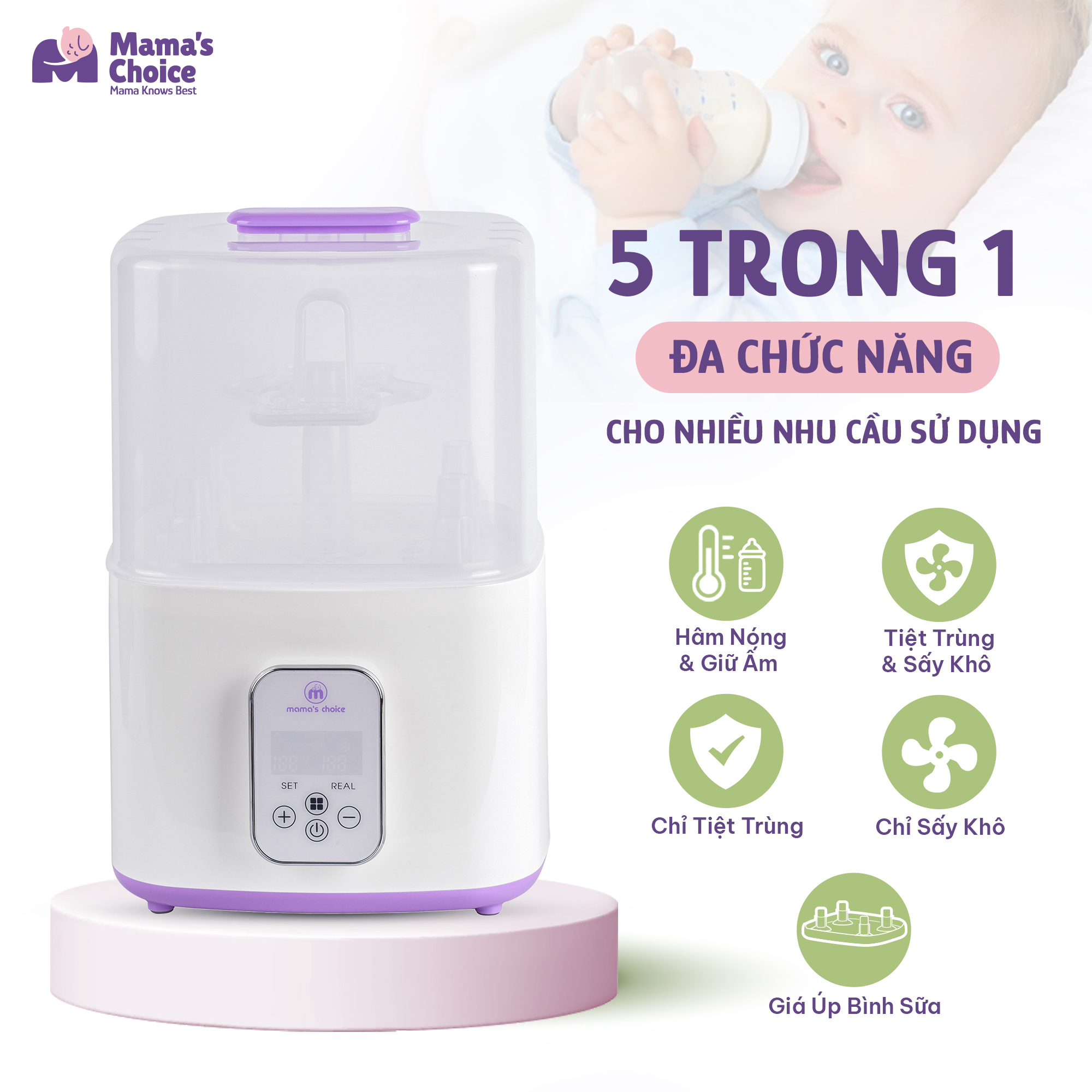 Máy Tiệt Trùng Bình Sữa Mama’s Choice 5in1 Tích Hợp Chức Năng Sấy Khô Phụ Kiện và Hâm Sữa Cho Bé, BH Chính Hãng 12 Tháng