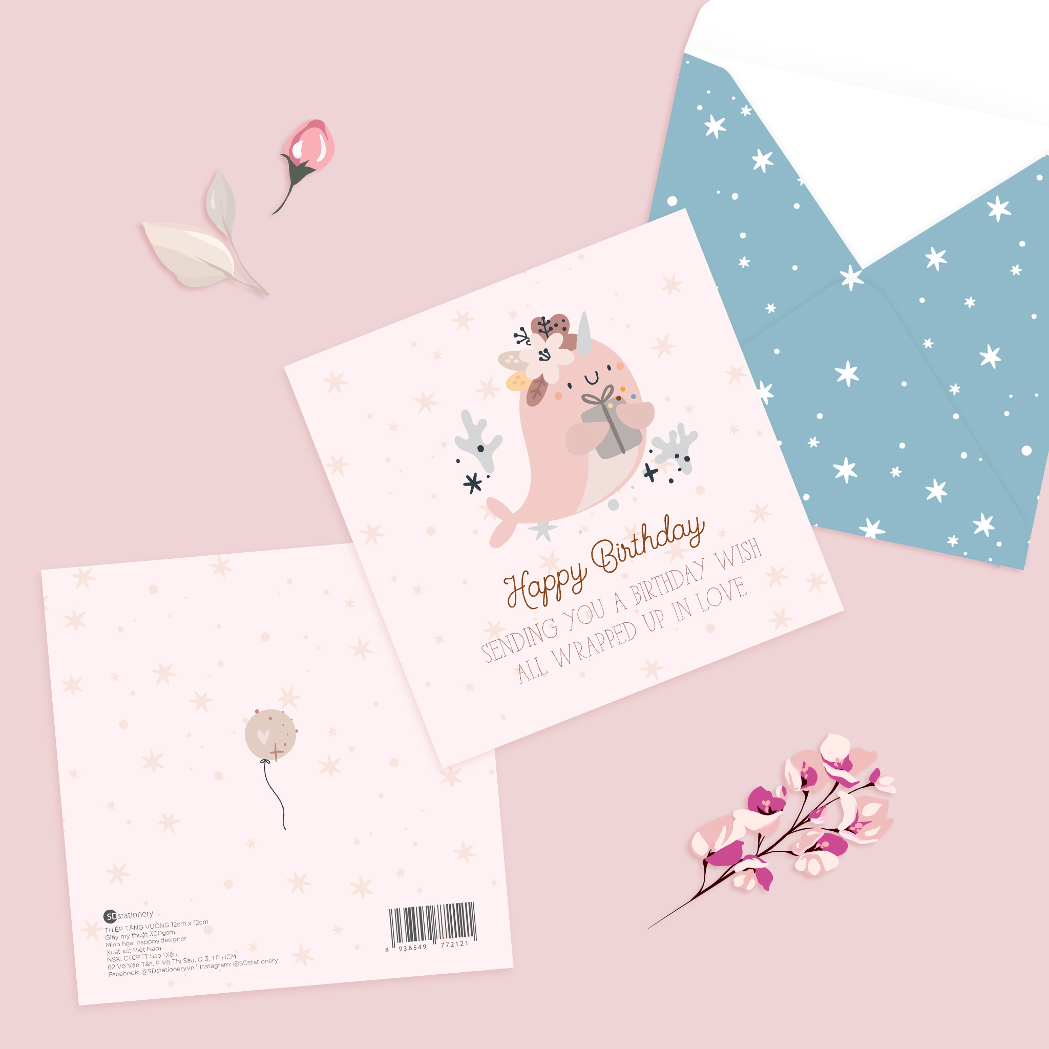 Set 4 thiệp chúc mừng sinh nhật SDstationery OCEAN 12x12 màu pastel nhẹ nhàng minh họa dễ thương cute cho người yêu biển