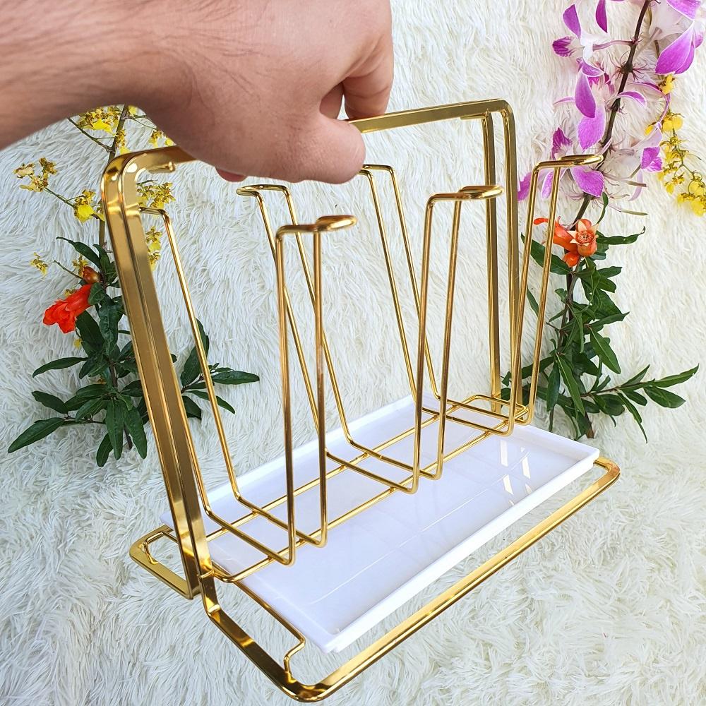 Khay Úp Cốc Mạ Vàng Sang Trọng, Loại Dày Dặn, Cứng Cáp, Kèm Khay Hứng Nước - Có 2 Loại Tròn Và Chữ Nhật