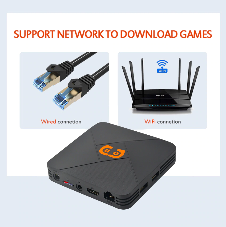 Máy chơi game điện tử 4 nút hdmi tích hợp Tivi Box hỗ trợ tải game lưu game xem TV miễn phí với 5600 games tay cầm joystick Hỗ trợ phân giải lên 4k HDR Hỗ trợ kết nối thẻ nhớ