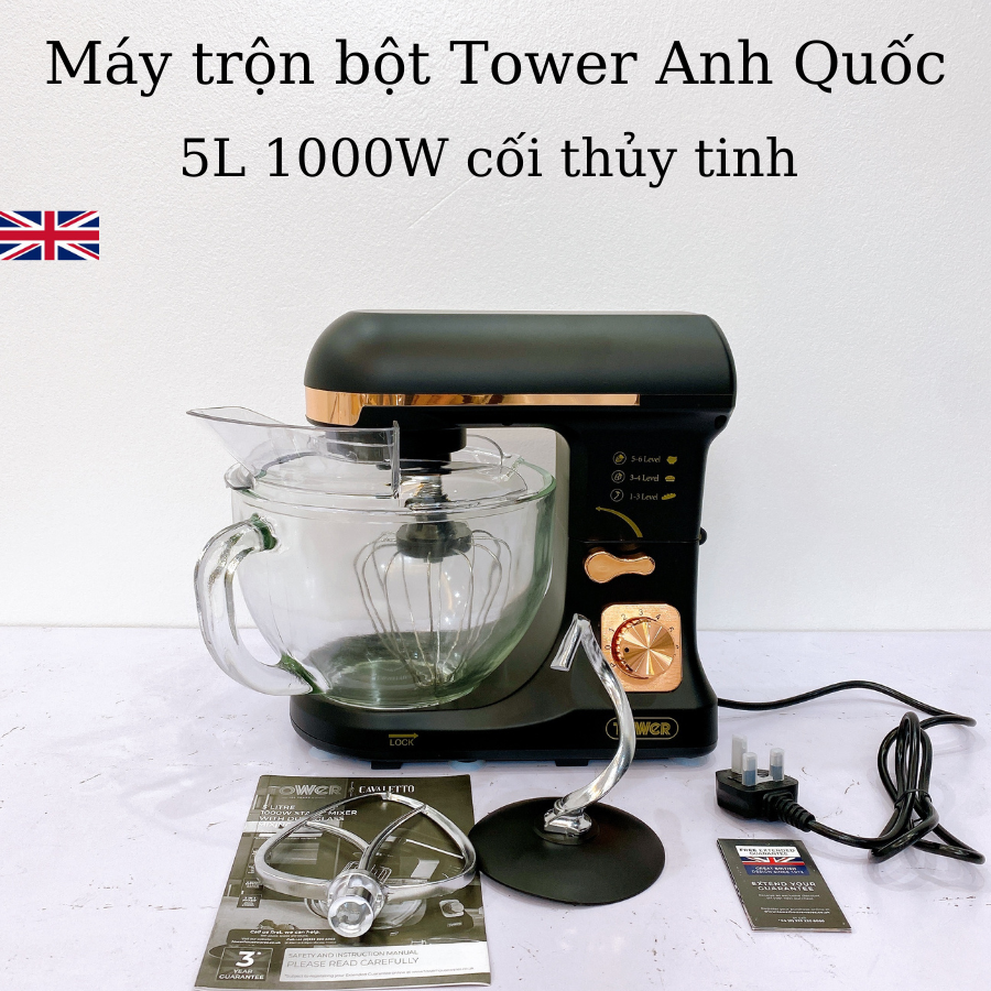 Máy trộn bột TOWER 5L 1000W thố thủy tinh - thương hiệu Anh Quốc - Hàng chính hãng