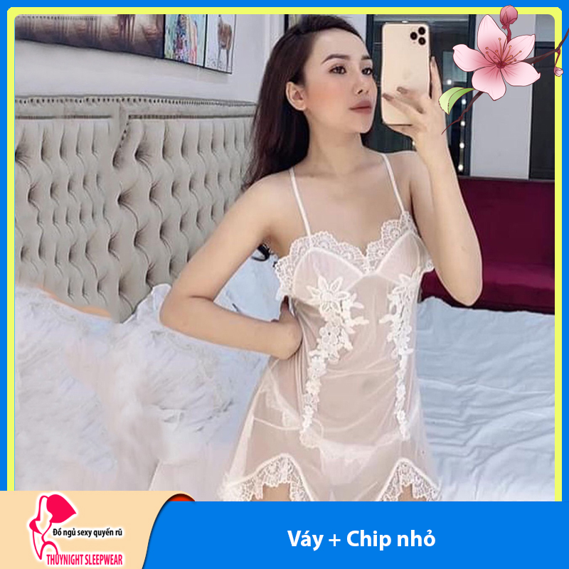 Váy ngủ ren hoa dọc xuyên thấu chéo lưng sexy cao cấp Q95 - Đầm ngủ 2 dây  hở lưng quyến rũ - Đồ ngủ nữ hở lưng gợi cảm