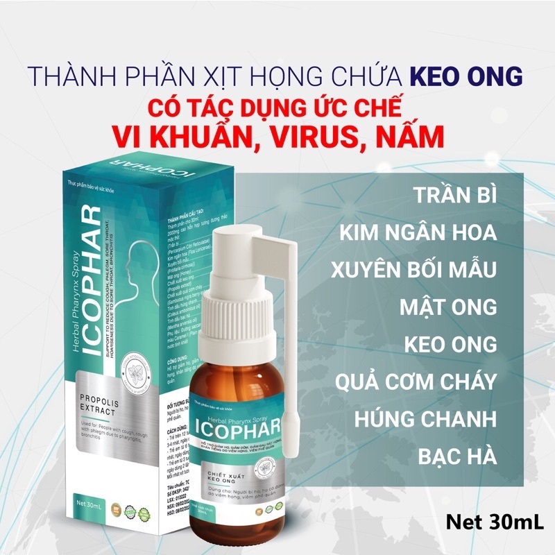 Xịt họng Xuyên Tâm Liên Icophar 30ml có chứa Keo ong Bạc Hà  - Hỗ trợ giảm ho, giảm đờm do viêm họng, viêm phế quản