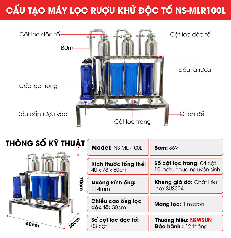 Máy lọc rượu khử độc tố 100l/h NEWSUN - Hàng chính hãng ( Mẫu mới nâng cấp)