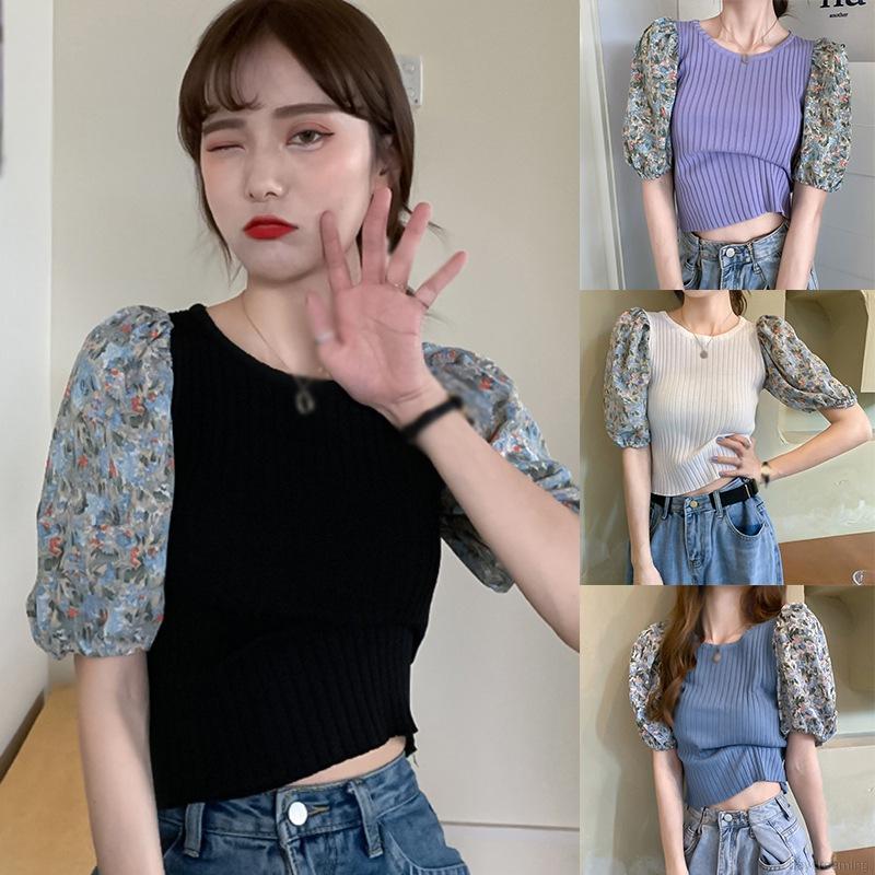 Áo Thun Dệt Kim Tay Ngắn Cổ Tròn Hoạ Tiết Hoa Cho Phái Nữ