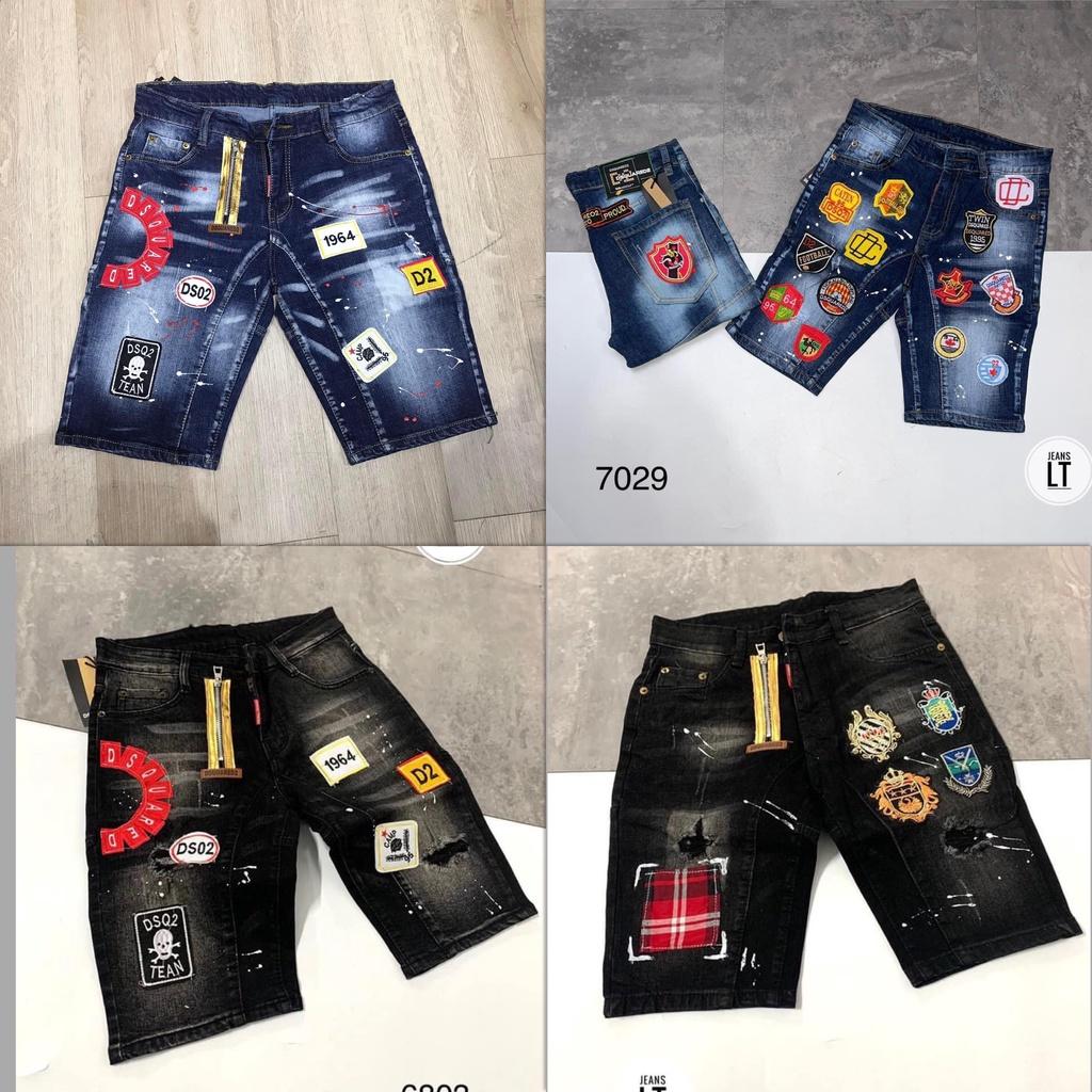 quần short jean nam xanh đen rách nhẹ khóa kéo thêu logo đẹp