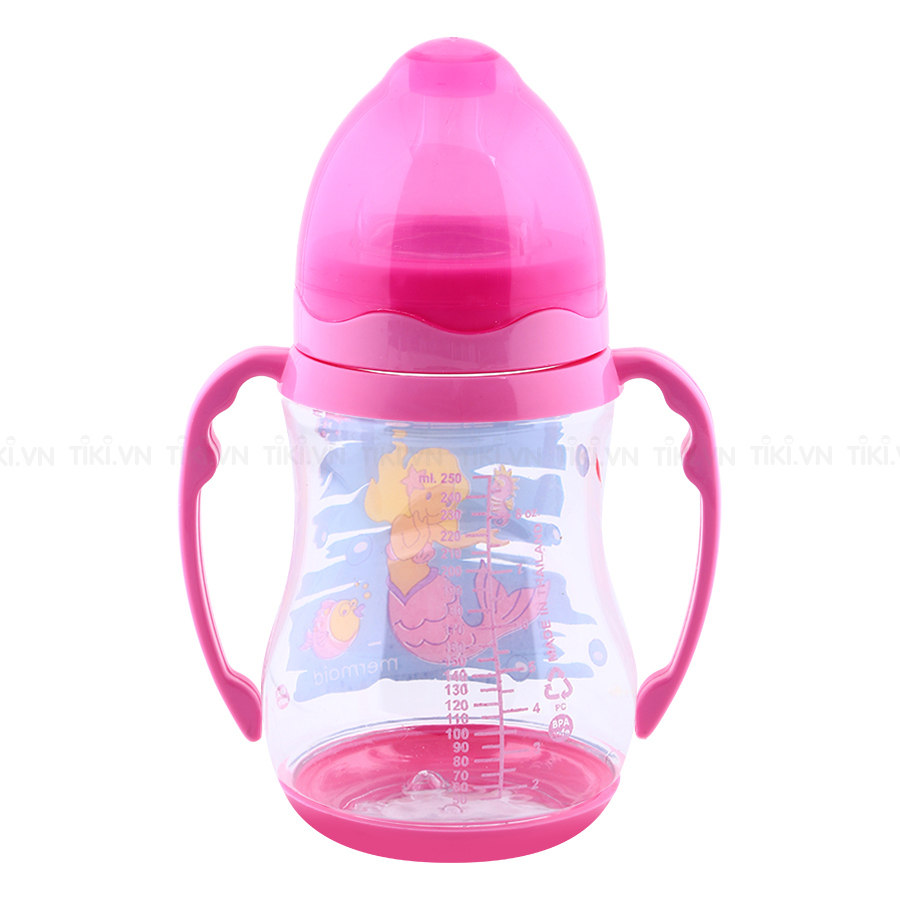 Bình Sữa Cổ Rộng Quai Cầm Pappi (250ml) - Hồng