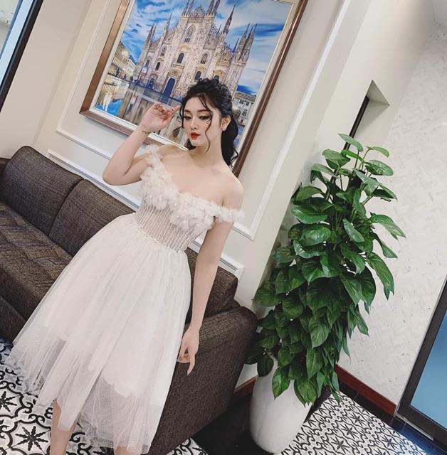 Đầm xoè trễ vai kết hoa nổi SIÊU XINH -MS138V- Size M/L đến 57kgMM MM