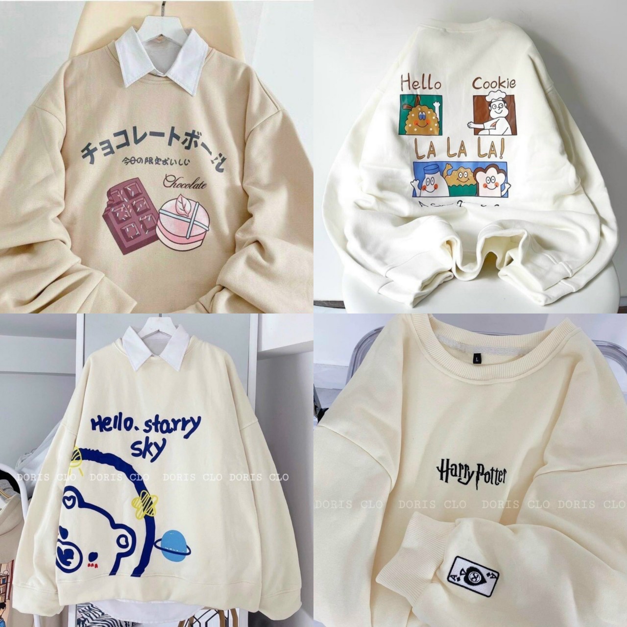 Áo Sweater Unisex Tay Phồng Màu Kem Harry Potter - Hello Starry Sky - Cookie Kiểu Hoodie Nam Nữ Hàn Quốc Vintage - HIỀN LINH SHOP ÁO SWEATER - M