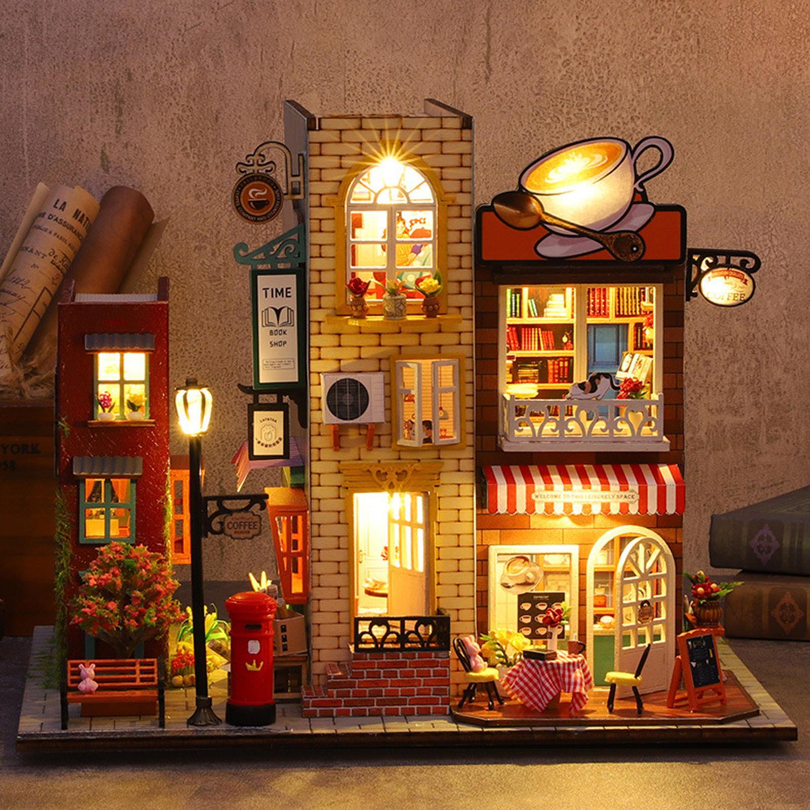 Unfinished Dollhouse DIY Kit with Dustproof Cover Wooden Dollhouse Miniature Kit Creative Room for Shelf Home Living Room Cabinet Decoration