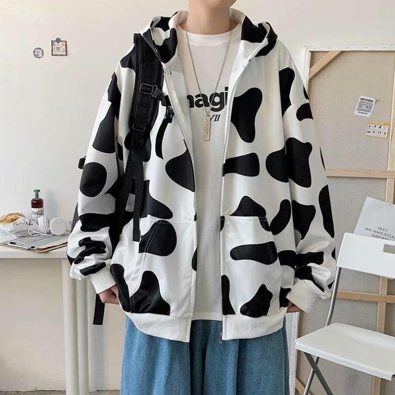 Áo Khoác Nỉ Bông - Áo Hoodie Khóa ZIP Bò Sữa Trắng Đen - Form Rộng Unisex Nam Nữ Ulzzang Kun