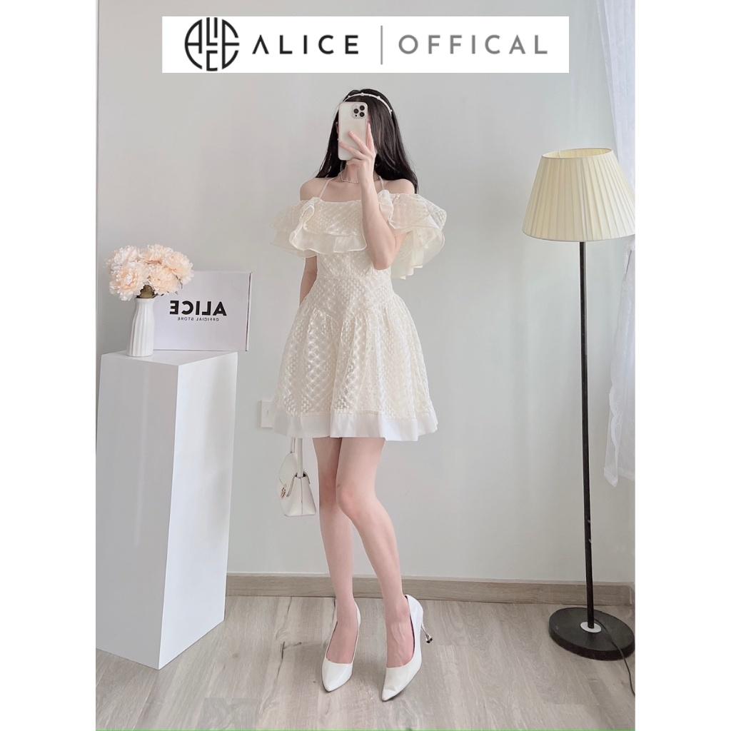 Váy Tiểu Thư Trễ Vai Cổ Yếm ALICE Chất Vải Ren Cao Cấp Phối Tơ Nến Lót Lụa Dáng Chữ A Họa Tiết Độc Đáo V791