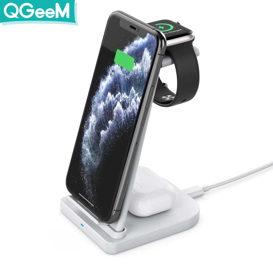 Bộ Đế sạc không dây QGeeM Charging Stand chuẩn Qi 15W kèm Adapter sạc QC3.0 3 trong 1 cho iWatch, AirPods và iPhone - Hàng chính hãng