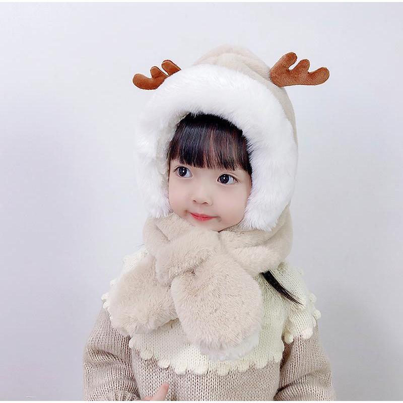 Mũ lông sừng tuần lộc kèm khăn quàng cổ lông mềm cho bé từ 3 đến 8 tuổi phong cách Hàn Quốc