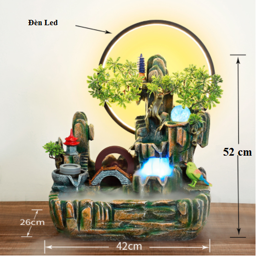 Thác nước BONSAI ĐÈN LED 52cm Hòn Non Bộ Cối Xay lớn -tiểu cảnh tặng Chim hot (Full đầy đủ)