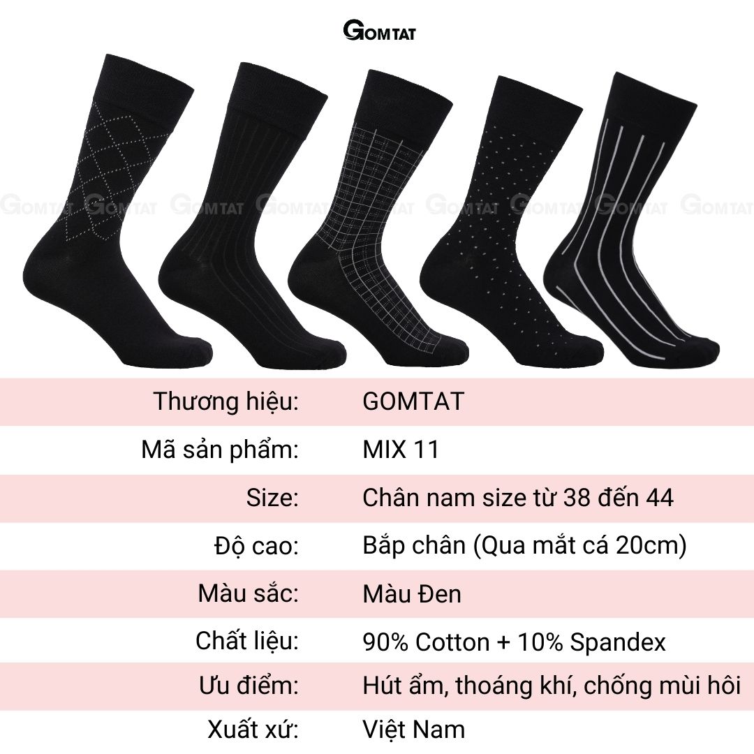 Combo 5 đôi tất nam công sở cổ cao đi giày tây, vớ nam cổ cao chất liệu cotton cao cấp hút ẩm, thoáng khí-GOM-MIX11-CB5