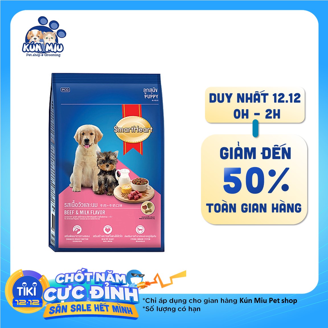 Thức Ăn Khô Cho Chó Con Hương Vị Thịt Bò Và Sữa SmartHeart (1.5kg)