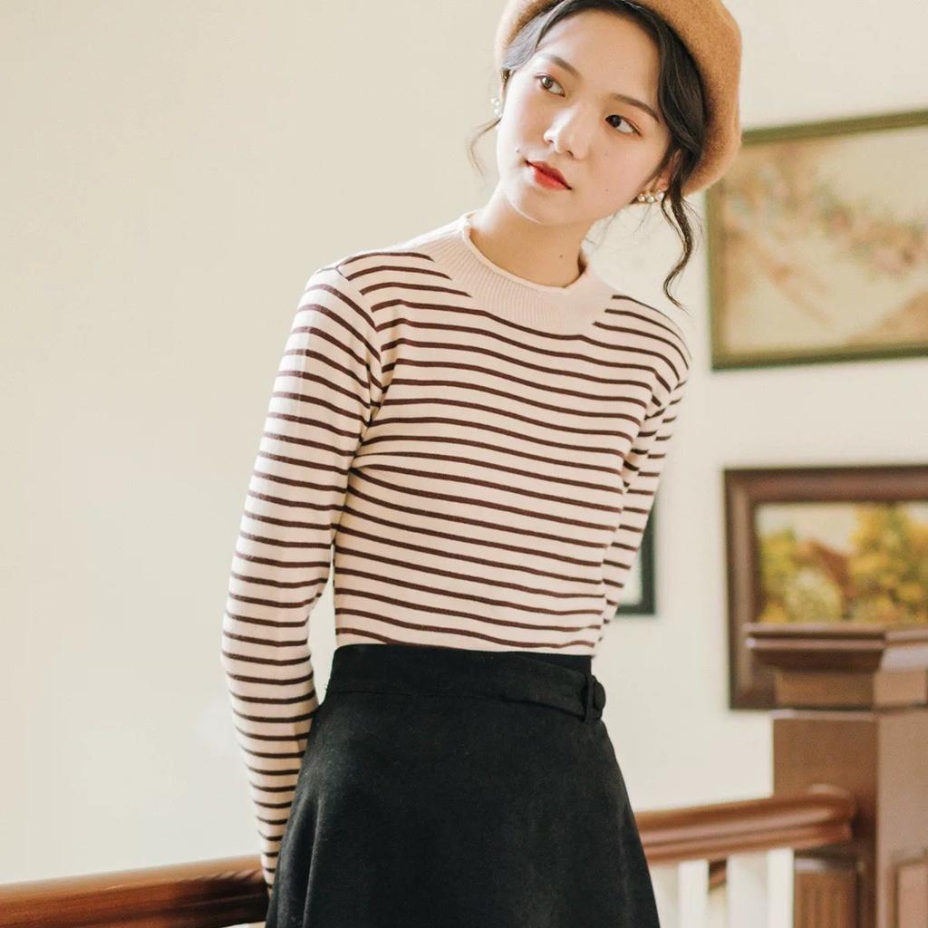 MS708 Áo len nữ dệt kim kẻ ngang cổ xoăn Quảng Châu