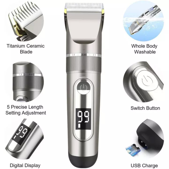 Tông Đơ Cắt Tóc Cao Cấp Màn Hình Hiện Thị Pin, Lưỡi Sứ,Pin Trâu 2000 mAh.Chống Nước,Tặng Kèm Áo và Lược Cắt Tóc + 2 Kéo Cắt Tỉa Tóc FULLBOX