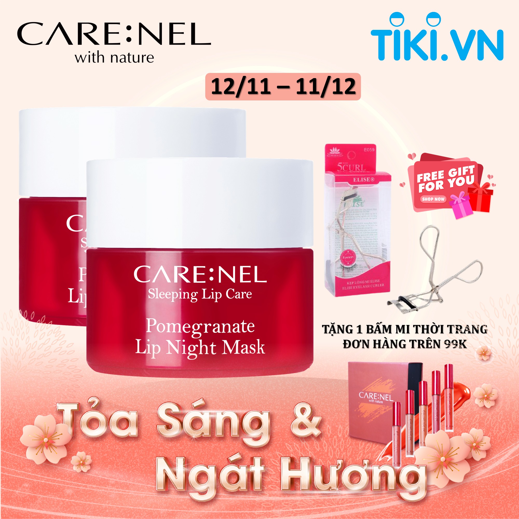 Mặt nạ ngủ môi lựu mềm môi ngừa lão hóa tẩy tế bào chết môi Carenel Pomegranate Lip Night Mask