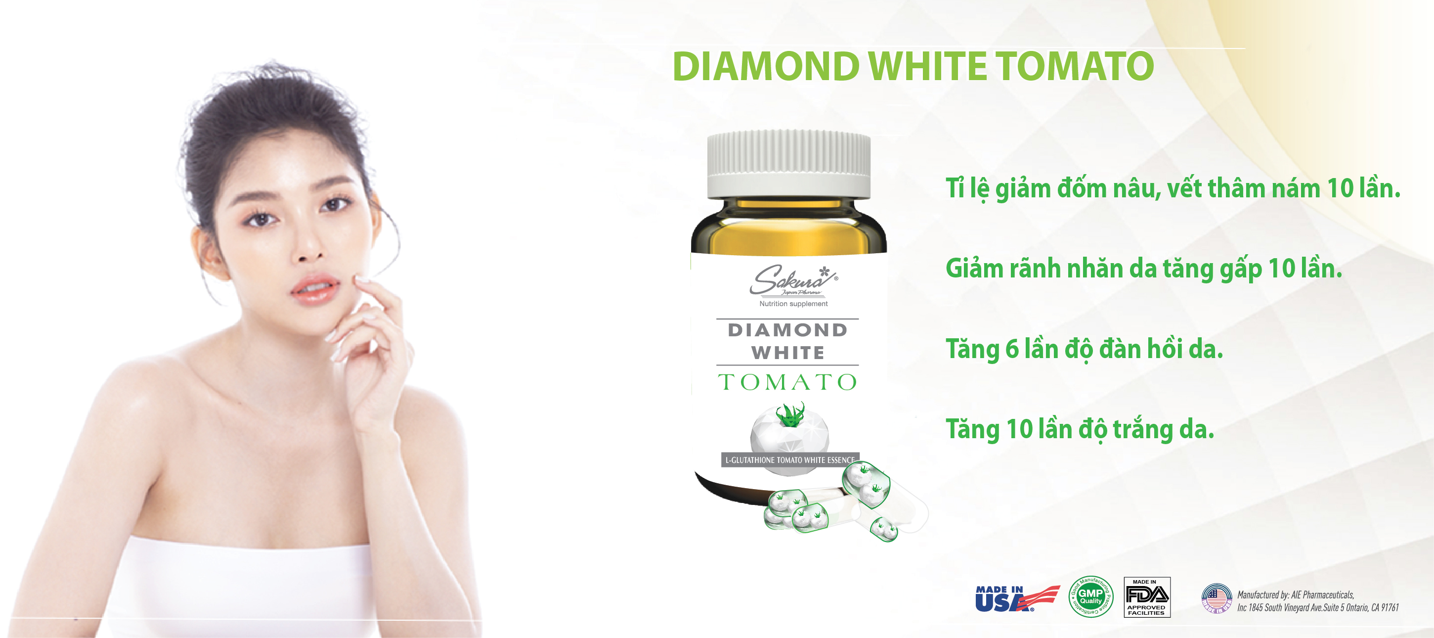 Sakura Diamond White Tomato – Viên uống chống nắng, trắng da toàn thân, mờ thâm nám, đẩy lùi lão hóa