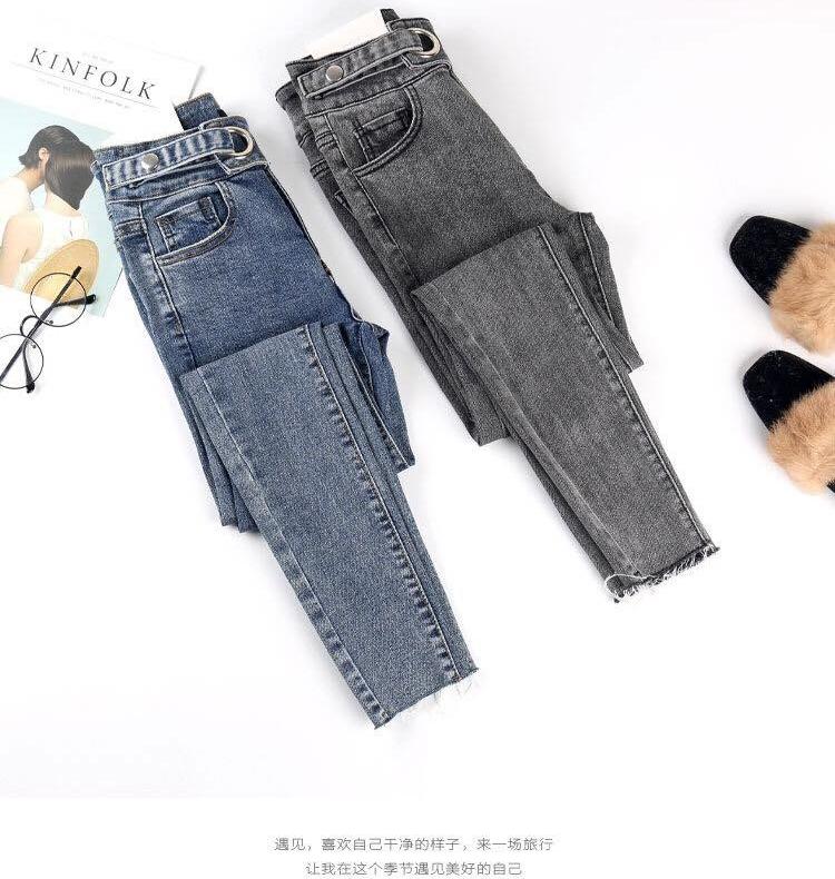 Quần jeans màu xám khói nữ co giãn bó sát chín tất bé gái