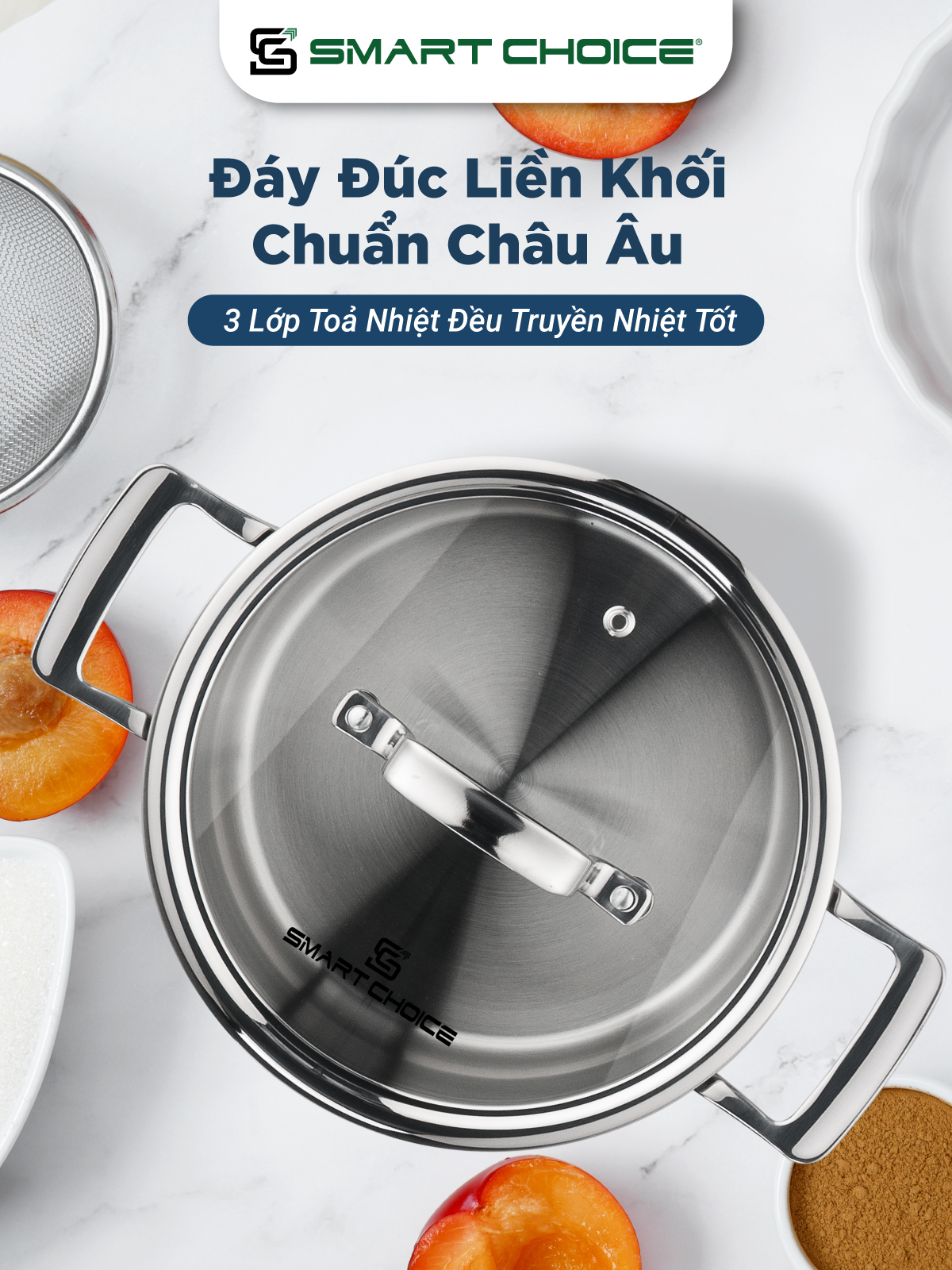 Nồi Inox 304 SmartChoice  SCG-NL001 Chính Hãng Liền Khối 3 Đáy Cao Cấp Nắp Kính 18cm, 20cm, 24cm
