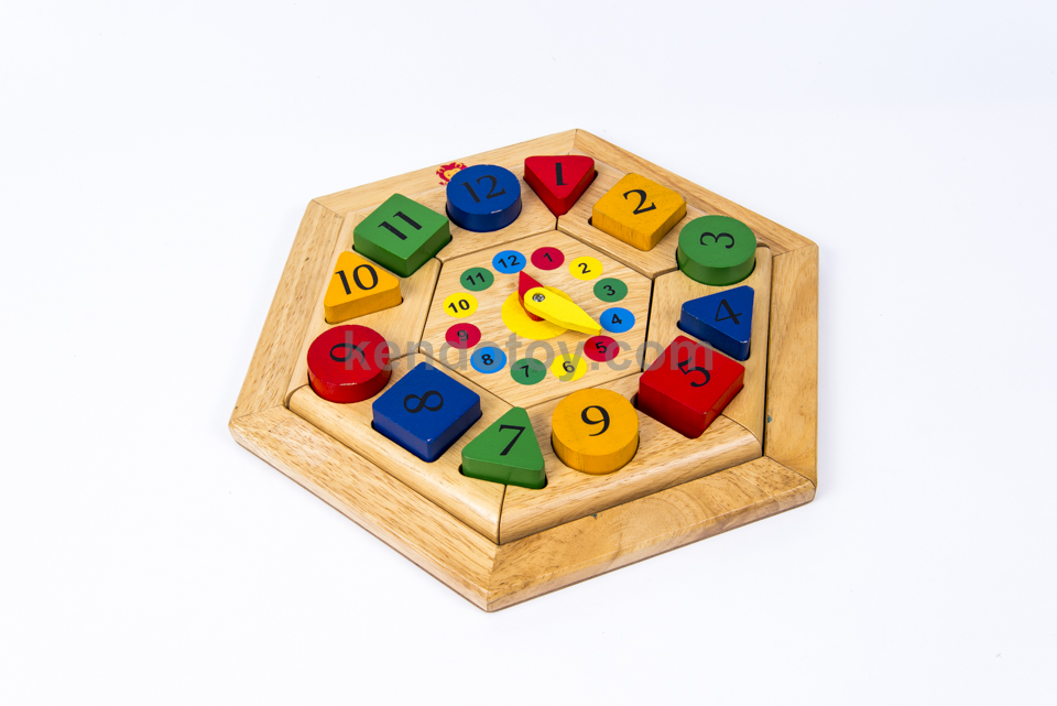 Đồng hồ lục giác lắp ráp ghép mảnh học khối, số, giờ và chơi logic sáng tạo, đồ chơi gỗ giáo dục tư duy cho trẻ