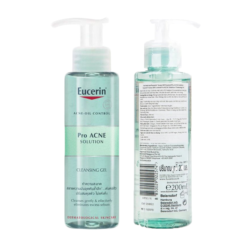 Gel Rửa Mặt Cho Da Dầu Mụn Eucerin ProAcne Solution Cleansing Gel 200ml