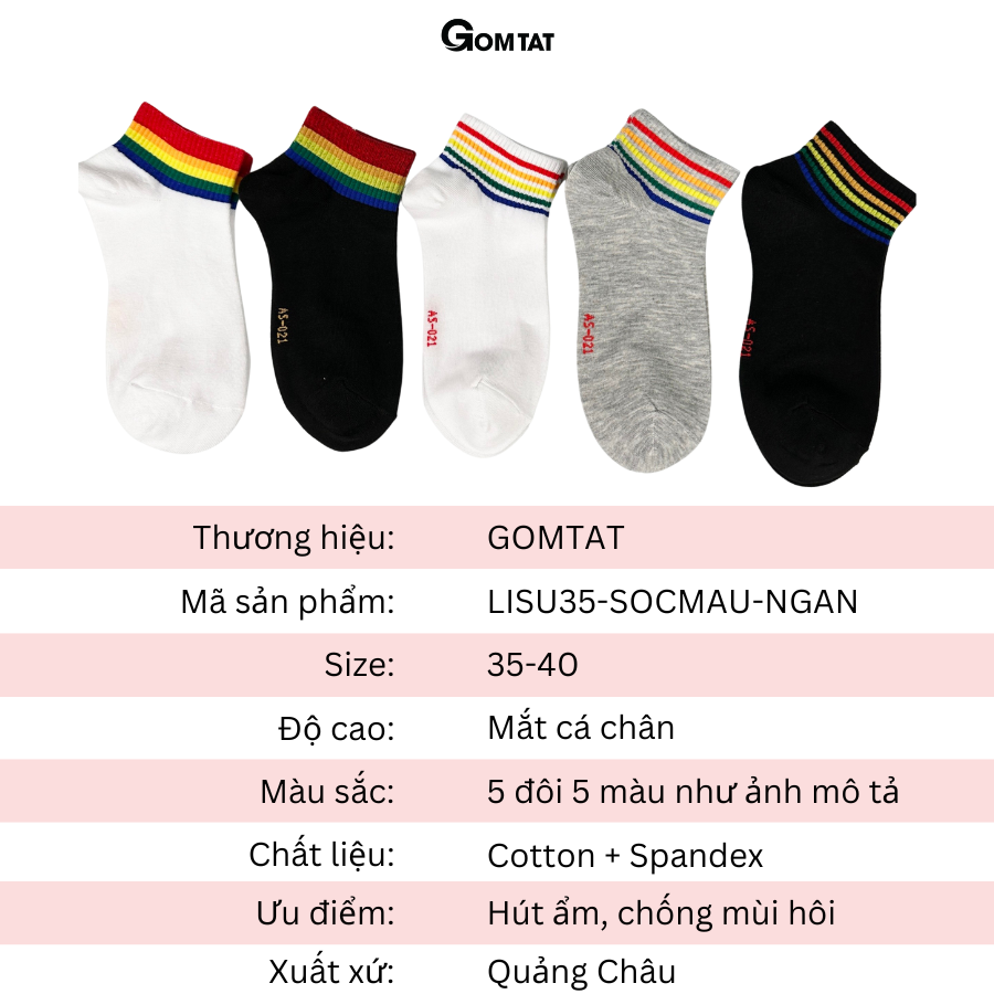 Set 5 đôi tất vớ nữ cổ ngắn GOMTAT họa tiết sọc cầu vồng, chất liệu cotton khử mùi kháng khuẩn - LISU35-SOCMAU-NGAN