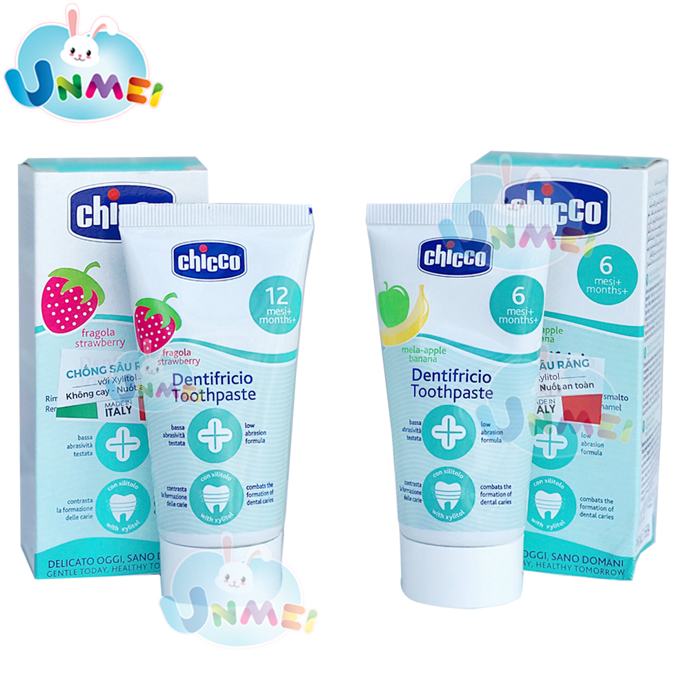 Kem Đánh Răng Chicco Dành Cho Trẻ Em Hương Dâu (1-5 tuổi), Hương Chuối Táo (6 - 24 tháng) Dung Tích 50ml