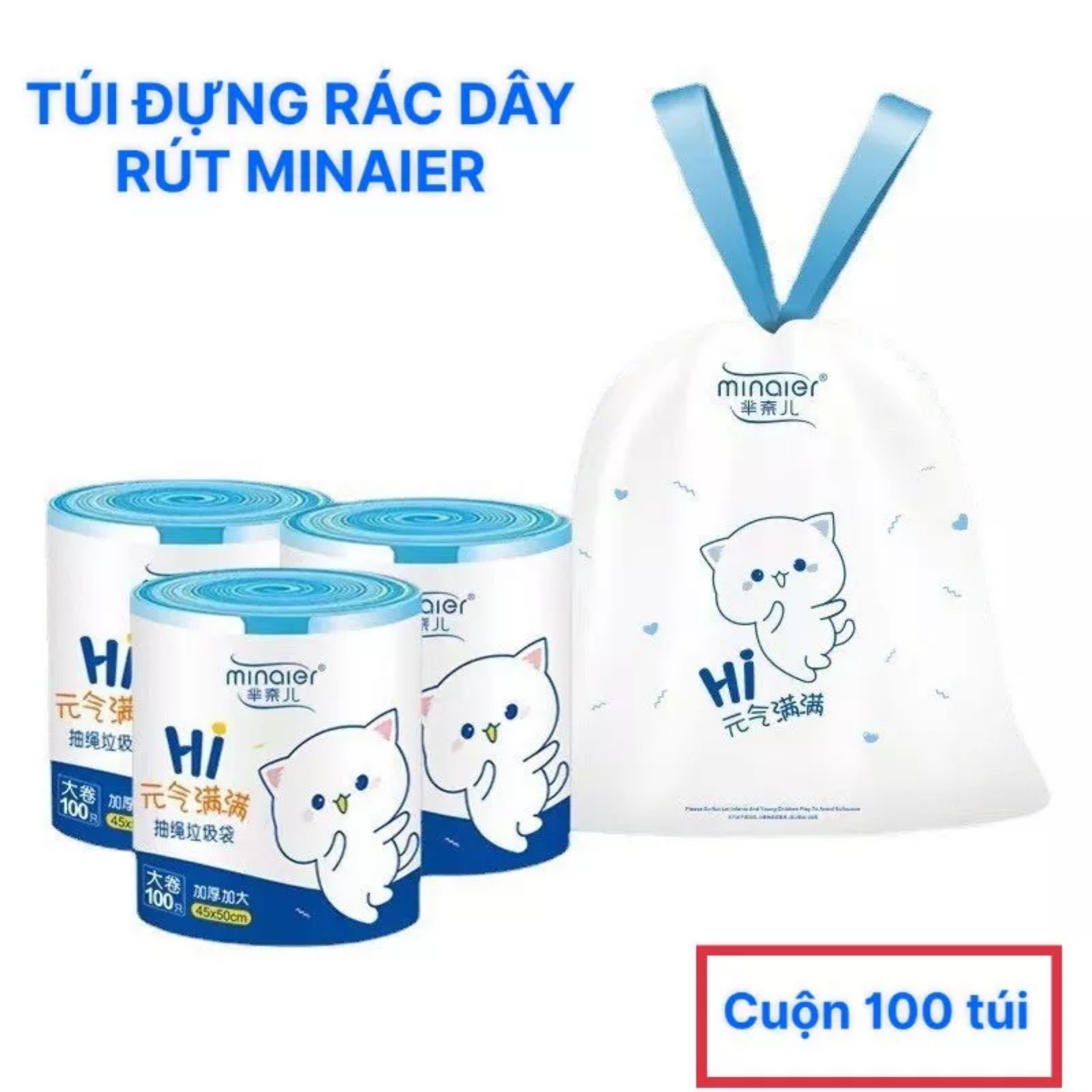 Cuộn 100 Túi Rác Có Quai Rút Tiện Lợi, Siêu Dai Kích Thước 45 x 50 cm, Tự Huỷ Sinh Học Chịu Nhiệt, Tiện Dụng Trong Gia Đình. Kingler 5625