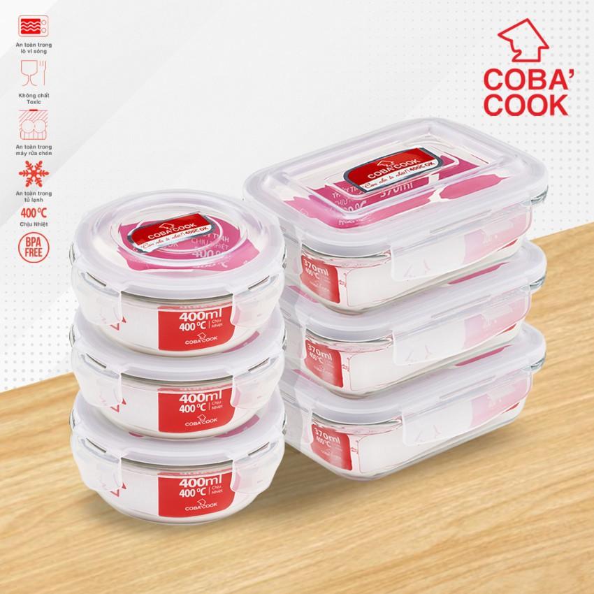 Bộ 6 hộp thủy tinh đựng thực phẩm COBACOOK 3 hình tròn 400ml và 3 chữ nhật 370 ml- CCR4L36