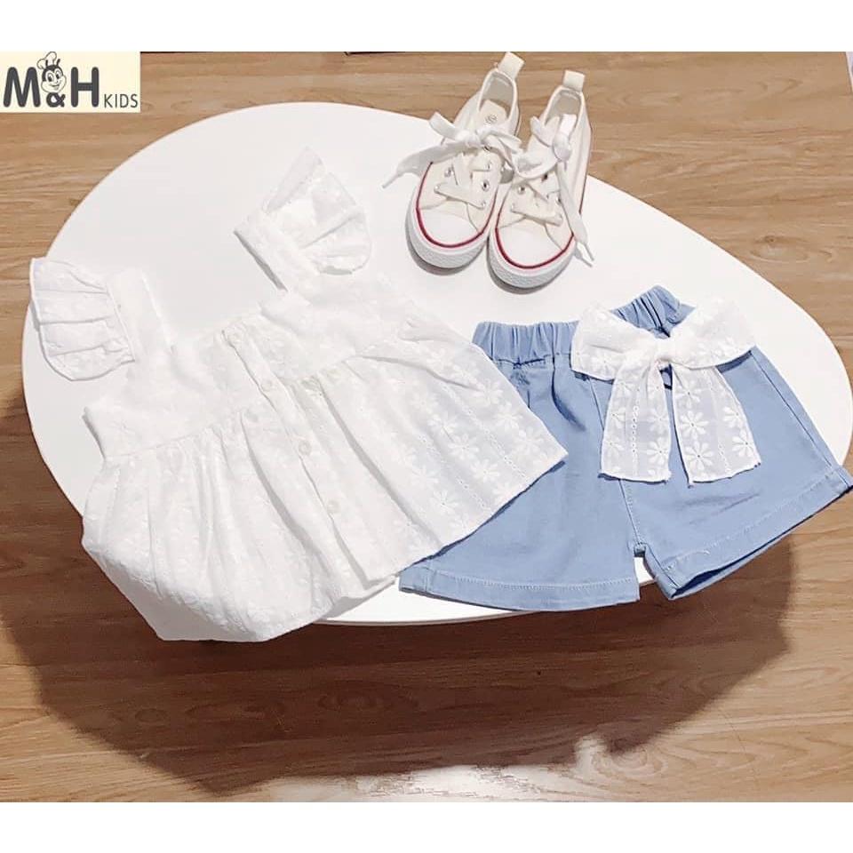 SÉT ÁO KIỂU + QUẦN BÒ+ NƠ BUỘC TÓC BÉ GÁI